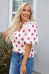 Textured Polka Dot Print Shirred Yoke Balloon Sleeve Blouse