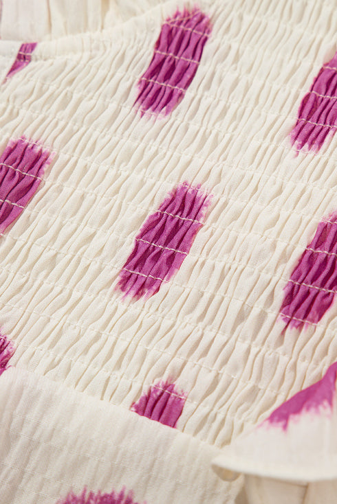 Textured Polka Dot Print Shirred Yoke Balloon Sleeve Blouse