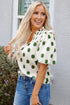 Textured Polka Dot Print Shirred Yoke Balloon Sleeve Blouse