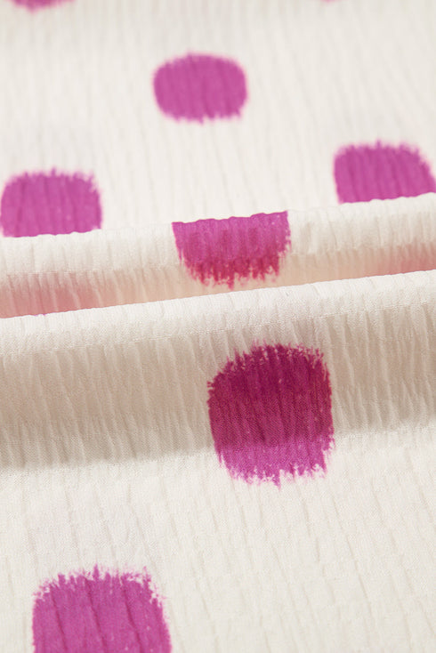 Textured Polka Dot Print Shirred Yoke Balloon Sleeve Blouse