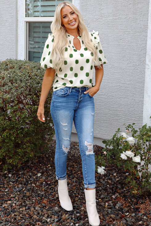 Textured Polka Dot Print Shirred Yoke Balloon Sleeve Blouse