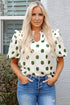 Textured Polka Dot Print Shirred Yoke Balloon Sleeve Blouse