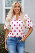 Textured Polka Dot Print Shirred Yoke Balloon Sleeve Blouse