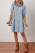 Textured Puff Sleeve Button Up Tiered Shift Mini Dress