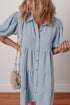Textured Puff Sleeve Button Up Tiered Shift Mini Dress
