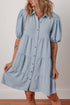 Textured Puff Sleeve Button Up Tiered Shift Mini Dress