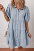 Textured Puff Sleeve Button Up Tiered Shift Mini Dress