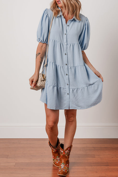Textured Puff Sleeve Button Up Tiered Shift Mini Dress