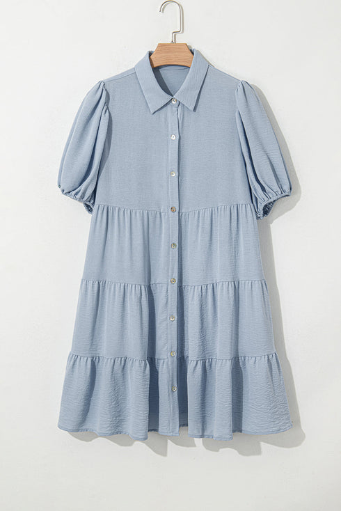 Textured Puff Sleeve Button Up Tiered Shift Mini Dress