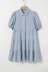 Textured Puff Sleeve Button Up Tiered Shift Mini Dress