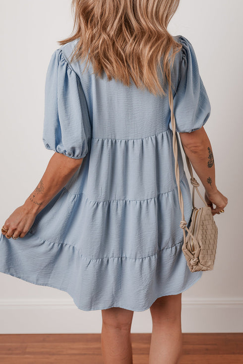 Textured Puff Sleeve Button Up Tiered Shift Mini Dress