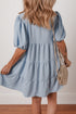 Textured Puff Sleeve Button Up Tiered Shift Mini Dress
