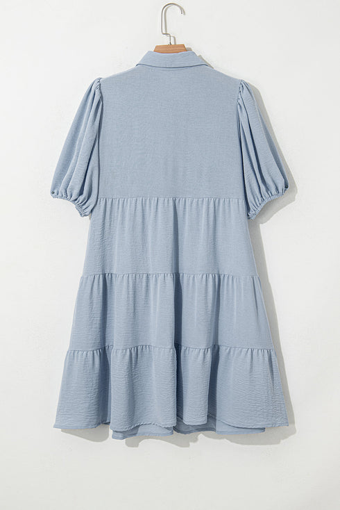 Textured Puff Sleeve Button Up Tiered Shift Mini Dress