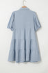 Textured Puff Sleeve Button Up Tiered Shift Mini Dress