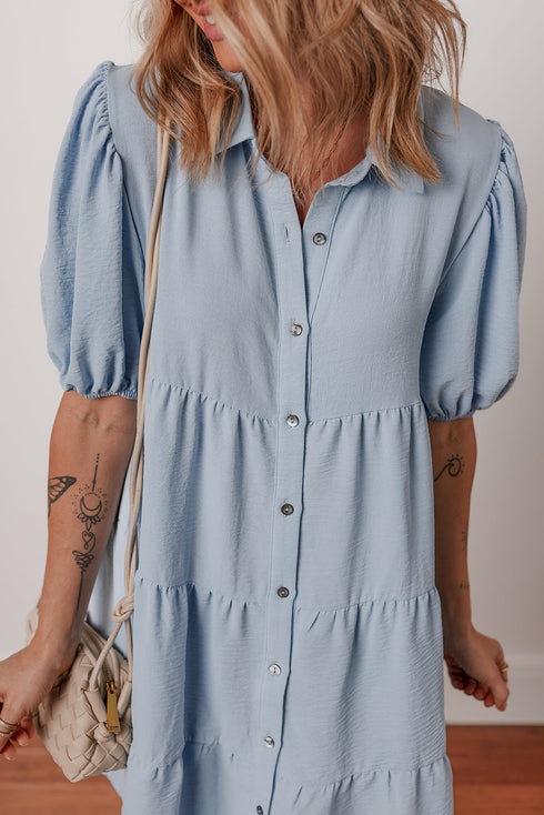 Textured Puff Sleeve Button Up Tiered Shift Mini Dress