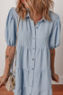 Textured Puff Sleeve Button Up Tiered Shift Mini Dress