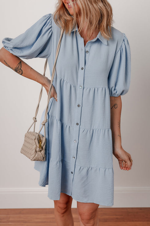 Textured Puff Sleeve Button Up Tiered Shift Mini Dress