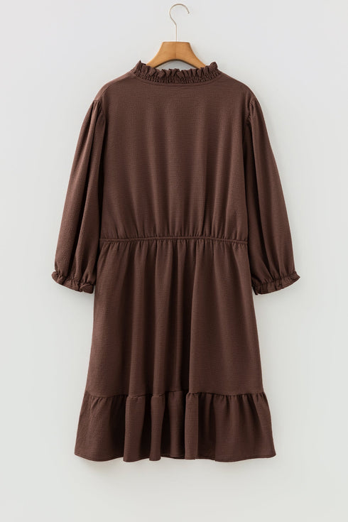 Textured Puff Sleeve Frilled Trim A Line Mini Dress