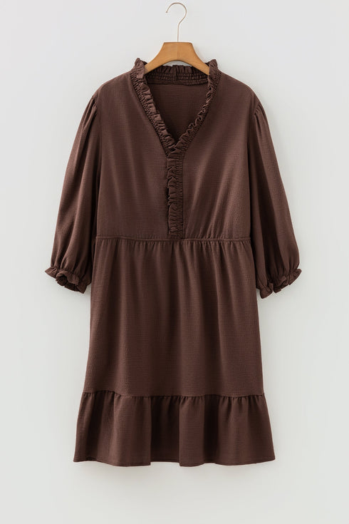 Textured Puff Sleeve Frilled Trim A Line Mini Dress