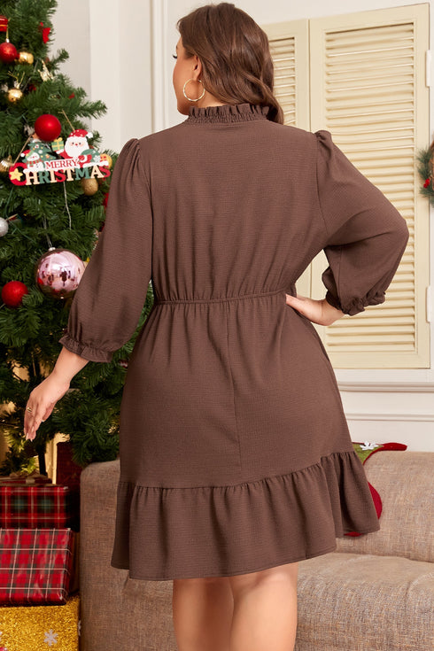 Textured Puff Sleeve Frilled Trim A Line Mini Dress