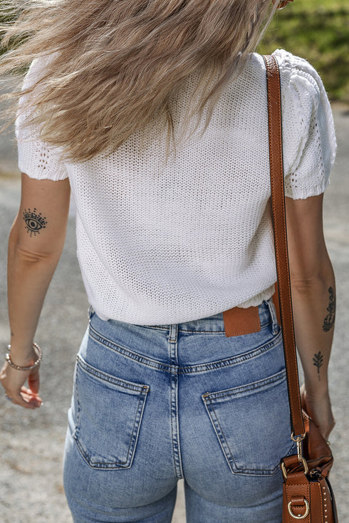 Textured Puff Sleeve Openwork Knit Sweater Top