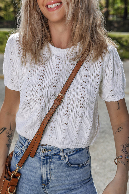 Textured Puff Sleeve Openwork Knit Sweater Top