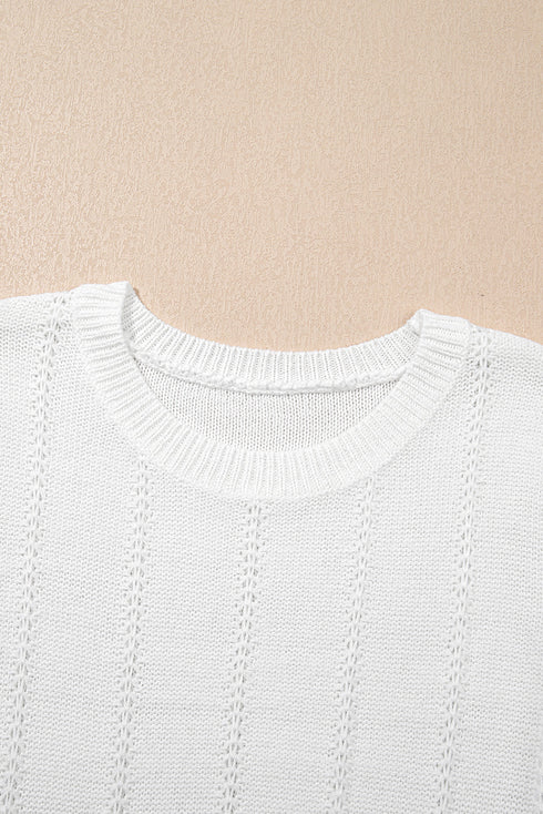Textured Puff Sleeve Openwork Knit Sweater Top