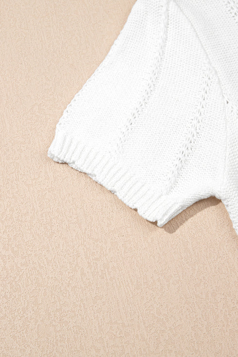 Textured Puff Sleeve Openwork Knit Sweater Top