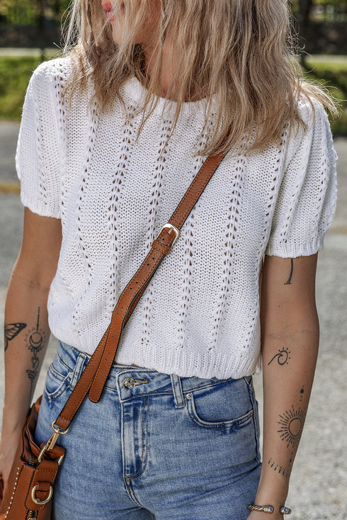 Textured Puff Sleeve Openwork Knit Sweater Top