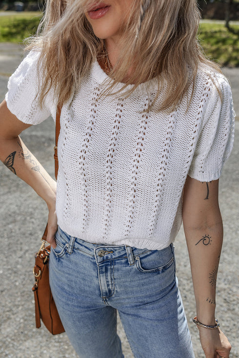 Textured Puff Sleeve Openwork Knit Sweater Top