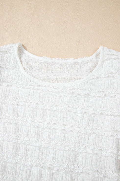 Textured Puff Sleeve Round Neck Blouse with Frayed Trim Accents