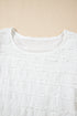 Textured Puff Sleeve Round Neck Blouse with Frayed Trim Accents