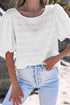Textured Puff Sleeve Round Neck Blouse with Frayed Trim Accents