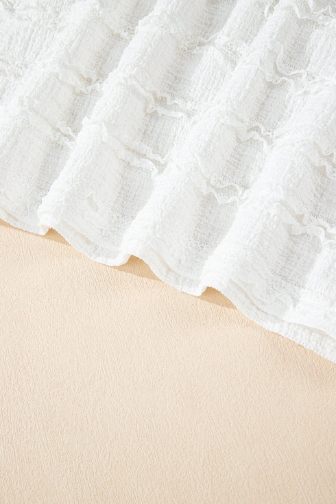 Textured Puff Sleeve Round Neck Blouse with Frayed Trim Accents