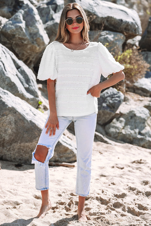 Textured Puff Sleeve Round Neck Blouse with Frayed Trim Accents