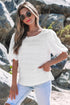 Textured Puff Sleeve Round Neck Blouse with Frayed Trim Accents