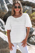 Textured Puff Sleeve Round Neck Blouse with Frayed Trim Accents