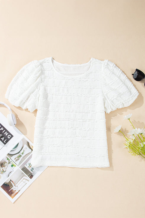 Textured Puff Sleeve Round Neck Blouse with Frayed Trim Accents