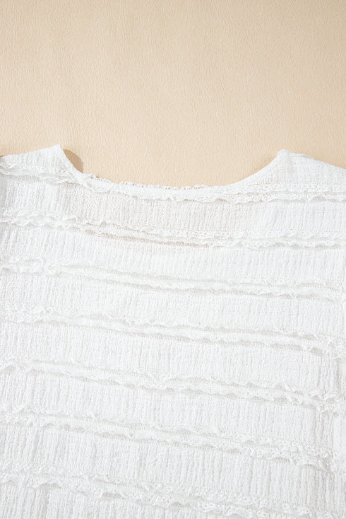 Textured Puff Sleeve Round Neck Blouse with Frayed Trim Accents
