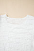 Textured Puff Sleeve Round Neck Blouse with Frayed Trim Accents