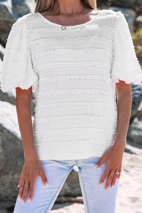 Textured Puff Sleeve Round Neck Blouse with Frayed Trim Accents