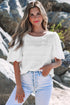 Textured Puff Sleeve Round Neck Blouse with Frayed Trim Accents