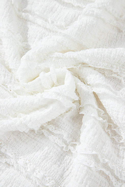 Textured Puff Sleeve Round Neck Blouse with Frayed Trim Accents