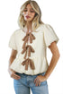 Textured Puff Sleeve Tie Front Bubble Hem Blouse