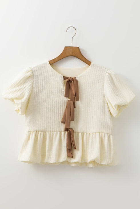 Textured Puff Sleeve Tie Front Bubble Hem Blouse