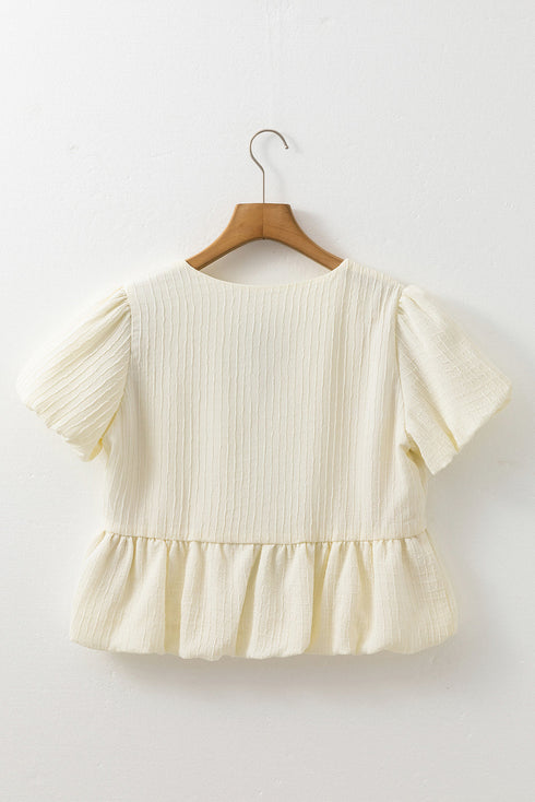 Textured Puff Sleeve Tie Front Bubble Hem Blouse