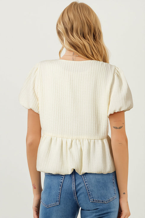 Textured Puff Sleeve Tie Front Bubble Hem Blouse
