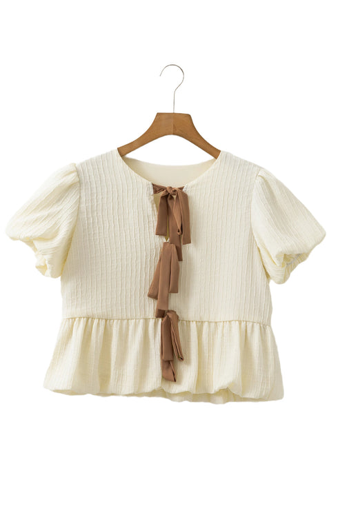 Textured Puff Sleeve Tie Front Bubble Hem Blouse