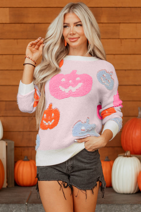 Textured Pumpkin Graphic Pullover Knit Sweater