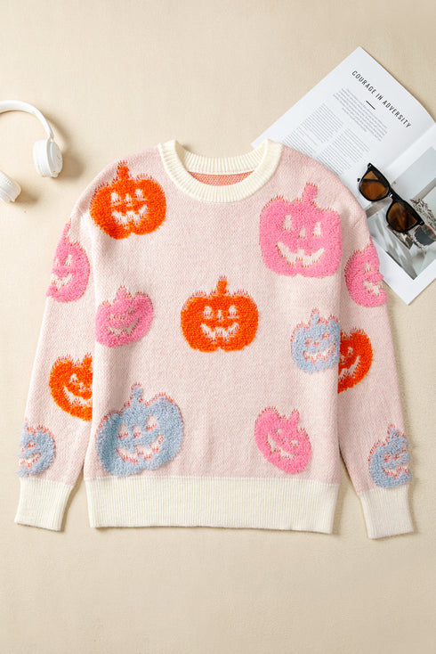 Textured Pumpkin Graphic Pullover Knit Sweater